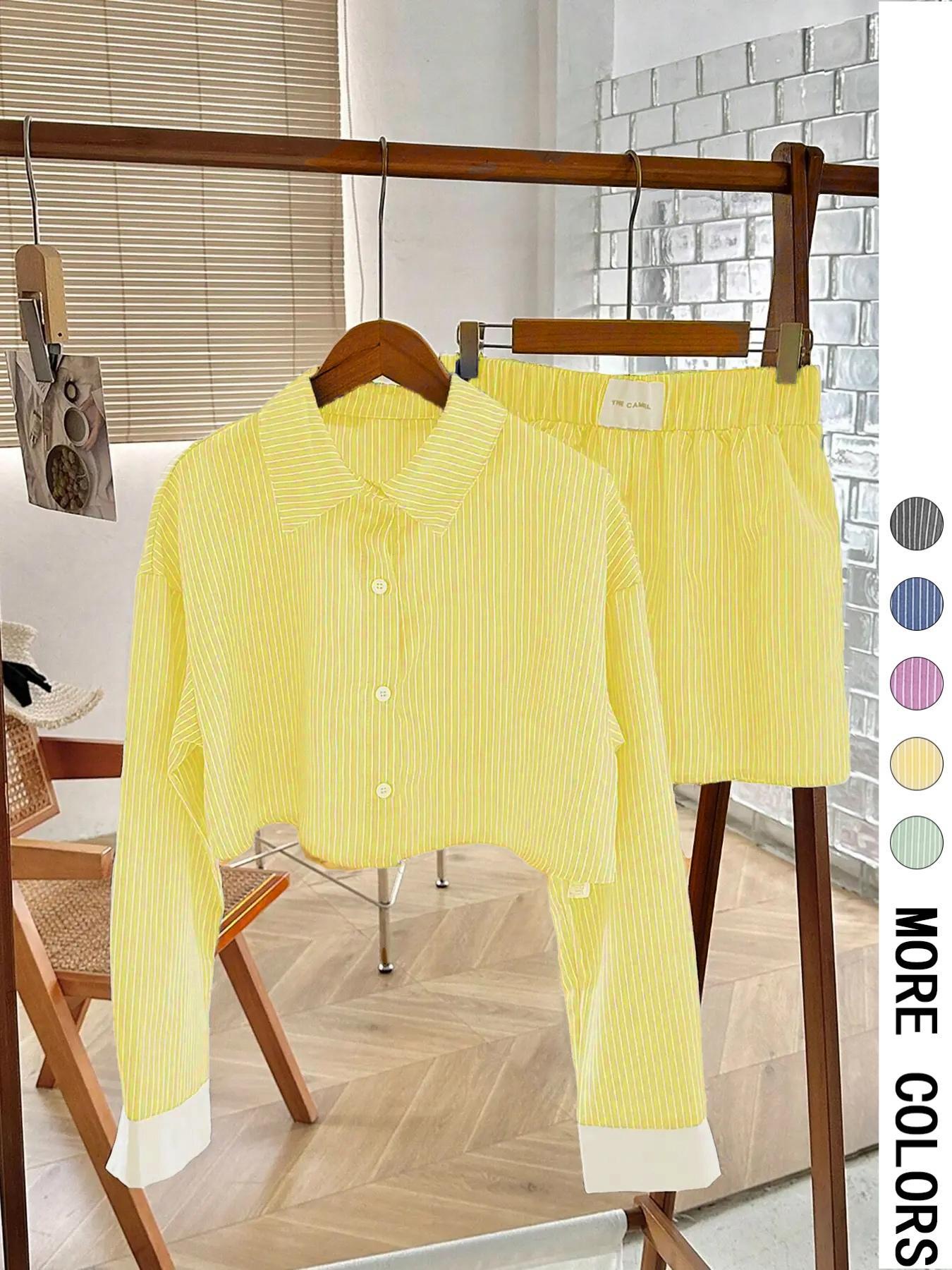 Women's Striped Print Button Front Shirt & Shorts Two-Piece Set  (Buy 2 Free Shipping)