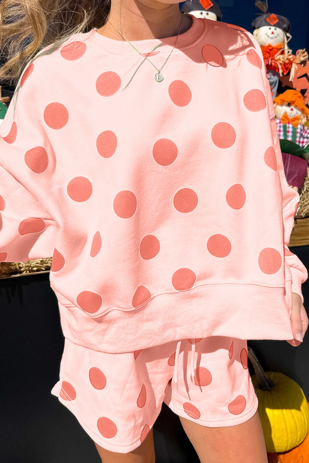 Polka Dot Print Drop Shoulder Pullover Drawstring Shorts Set（Buy 2 Free Shipping)