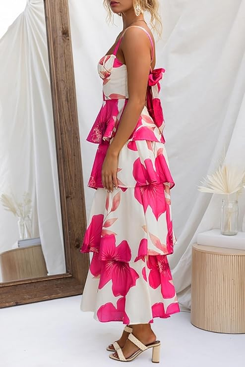 Womens Summer Floral Maxi Dresses Sleeveless Spaghetti Strap Tie Back Ruffle Tiered Flowy Dresses (Buy 2 Free Shipping)