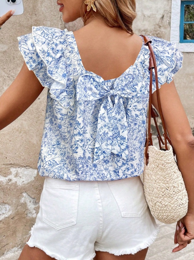 Short-Sleeve Shirt with Double-Layer Ruffles and Bow Accent