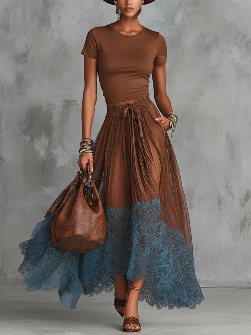 Brown Short Sleeve Shirt And Blue Lace-Trim Tulle Maxi Skirt Set (Buy 2 Free Shipping)