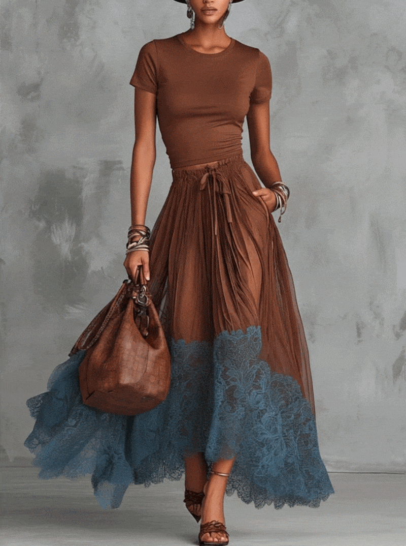 Brown Short Sleeve Shirt And Blue Lace-Trim Tulle Maxi Skirt Set (Buy 2 Free Shipping)