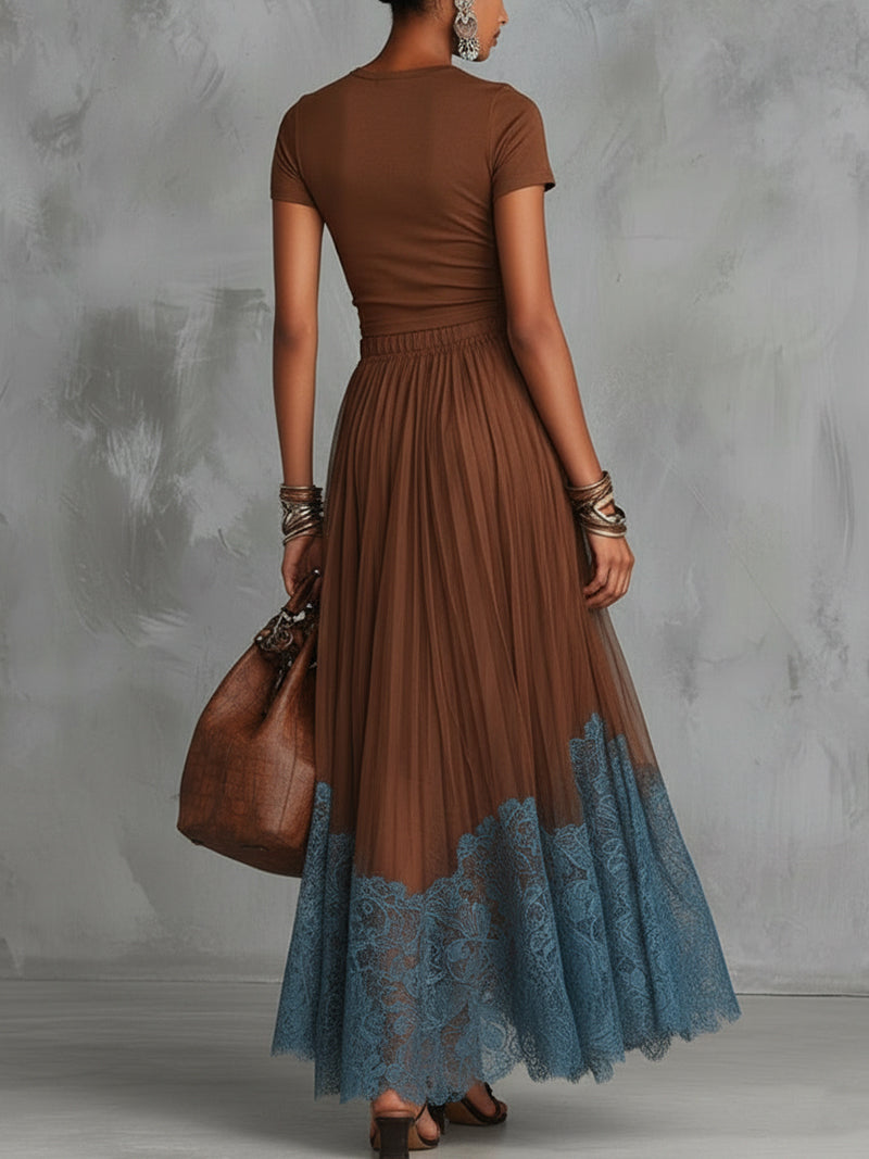 Brown Short Sleeve Shirt And Blue Lace-Trim Tulle Maxi Skirt Set (Buy 2 Free Shipping)