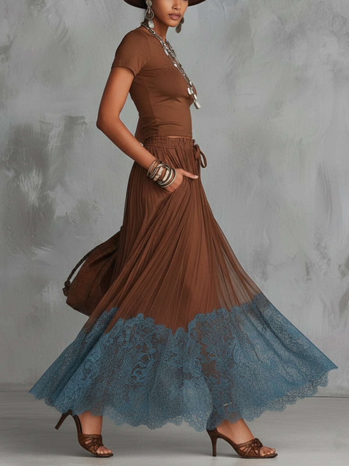 Brown Short Sleeve Shirt And Blue Lace-Trim Tulle Maxi Skirt Set (Buy 2 Free Shipping)