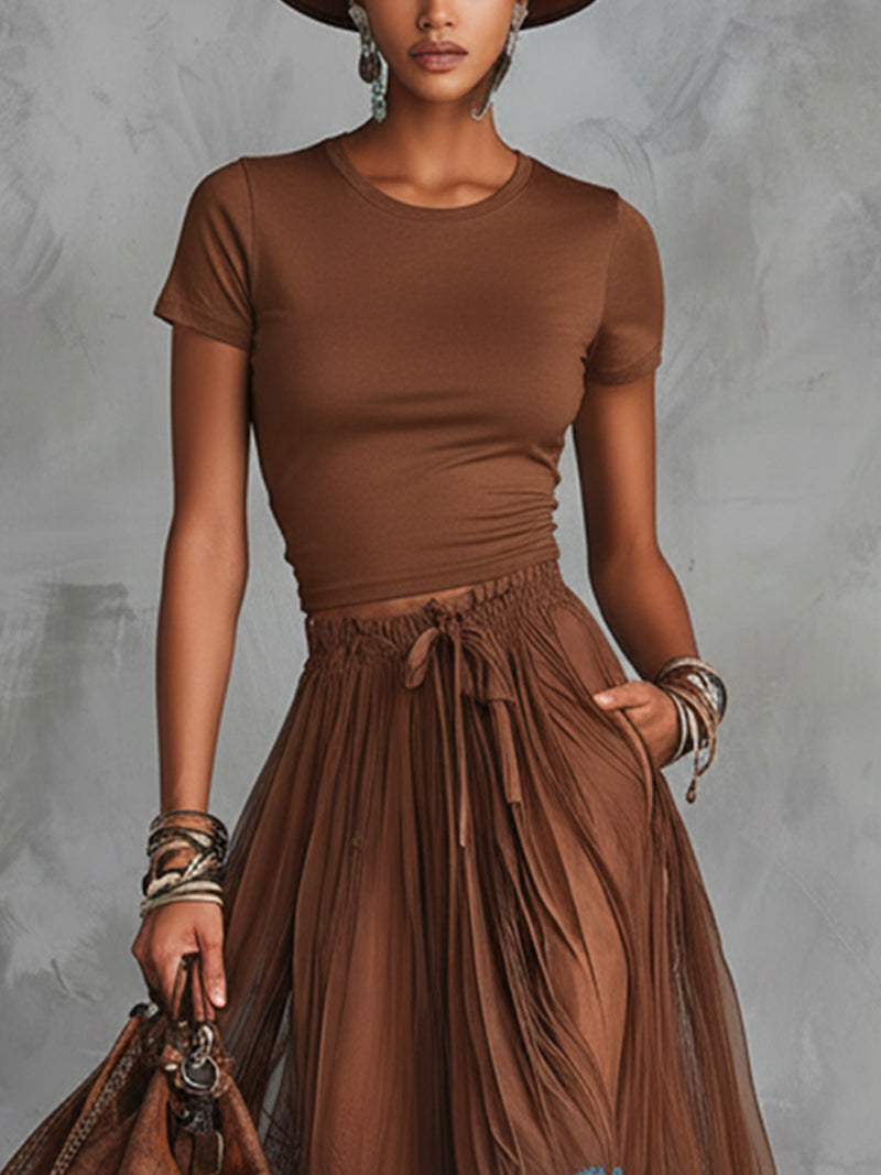 Brown Short Sleeve Shirt And Blue Lace-Trim Tulle Maxi Skirt Set (Buy 2 Free Shipping)