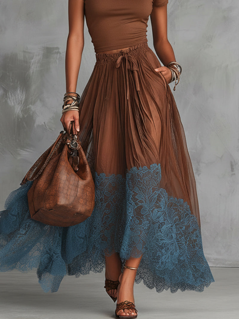 Brown Short Sleeve Shirt And Blue Lace-Trim Tulle Maxi Skirt Set (Buy 2 Free Shipping)