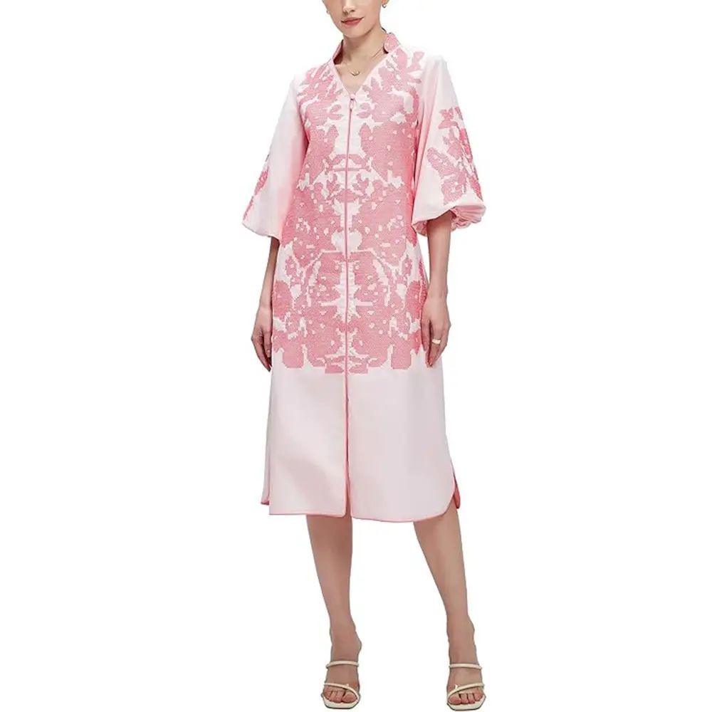 Women Casual V-Neck Floral  Mid Dress Embroidery 3/4 Sleeves Tunic Dress with Pocket （buy 2 Free Shipping)