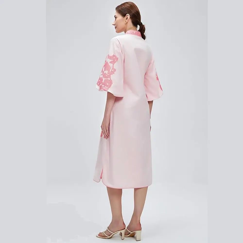 Women Casual V-Neck Floral  Mid Dress Embroidery 3/4 Sleeves Tunic Dress with Pocket （buy 2 Free Shipping)