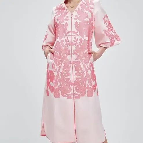 Women Casual V-Neck Floral  Mid Dress Embroidery 3/4 Sleeves Tunic Dress with Pocket （buy 2 Free Shipping)