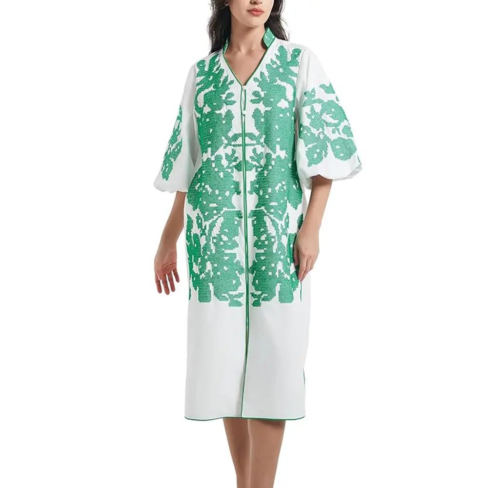 Women Casual V-Neck Floral  Mid Dress Embroidery 3/4 Sleeves Tunic Dress with Pocket （buy 2 Free Shipping)