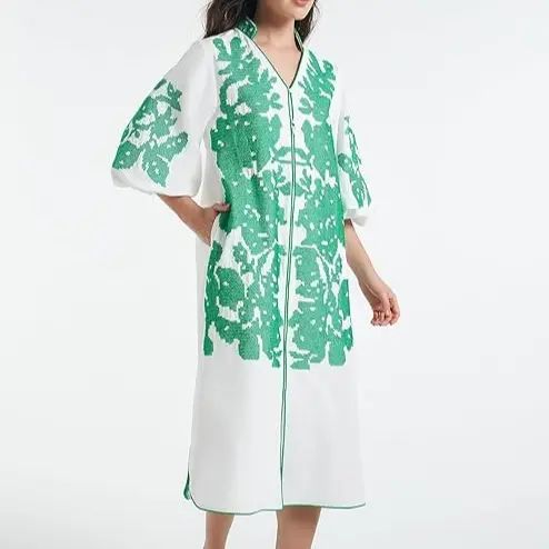 Women Casual V-Neck Floral  Mid Dress Embroidery 3/4 Sleeves Tunic Dress with Pocket （buy 2 Free Shipping)