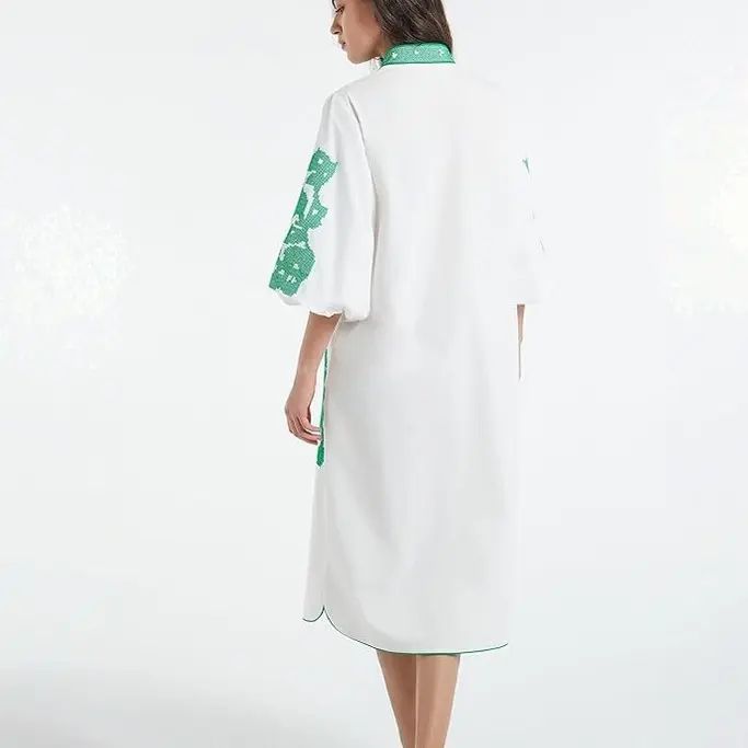 Women Casual V-Neck Floral  Mid Dress Embroidery 3/4 Sleeves Tunic Dress with Pocket （buy 2 Free Shipping)