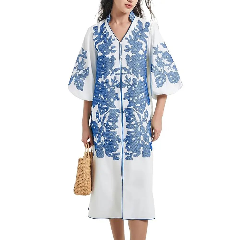 Women Casual V-Neck Floral  Mid Dress Embroidery 3/4 Sleeves Tunic Dress with Pocket （buy 2 Free Shipping)