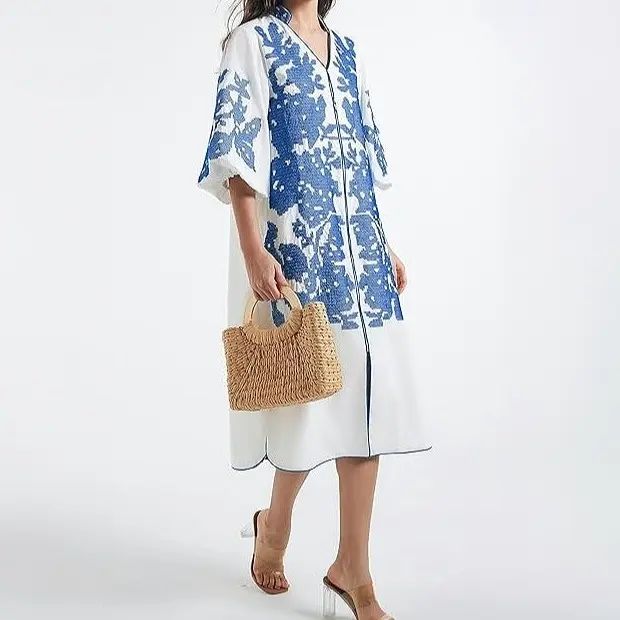 Women Casual V-Neck Floral  Mid Dress Embroidery 3/4 Sleeves Tunic Dress with Pocket （buy 2 Free Shipping)