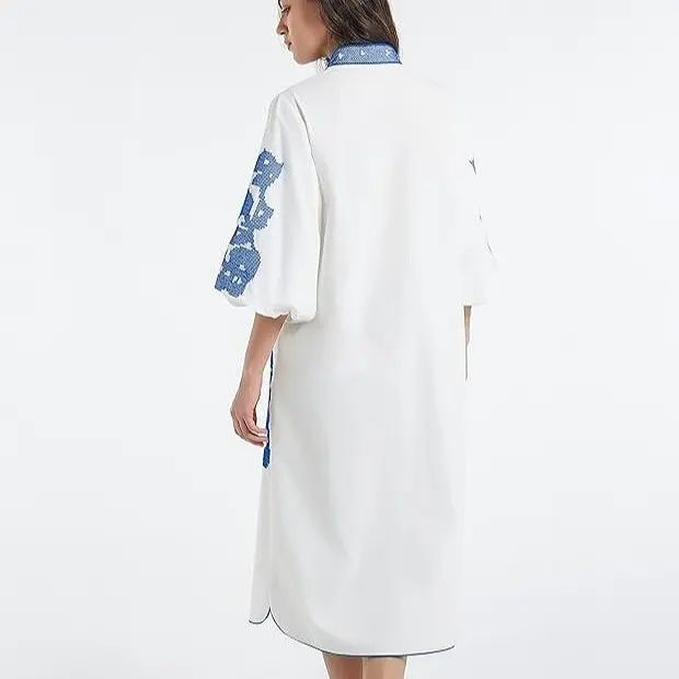 Women Casual V-Neck Floral  Mid Dress Embroidery 3/4 Sleeves Tunic Dress with Pocket （buy 2 Free Shipping)