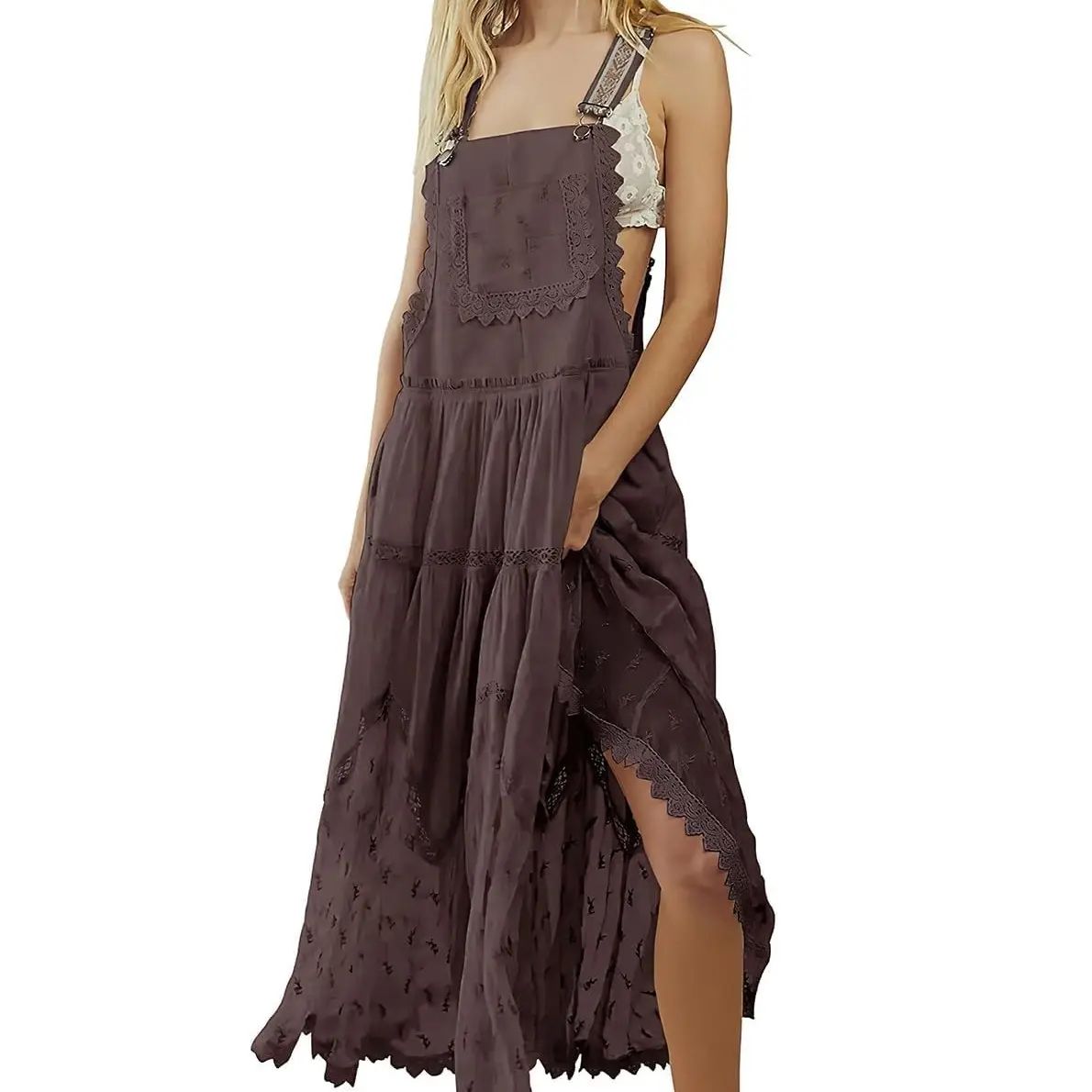 Ebossy Women's Basic Minimalist Sleeveless Laced Embroidered Tulle Bib Dress Casual Loose Adjustable Straps Maxi Dress Womenswear Boho Style(Buy 2 Free Shipping )