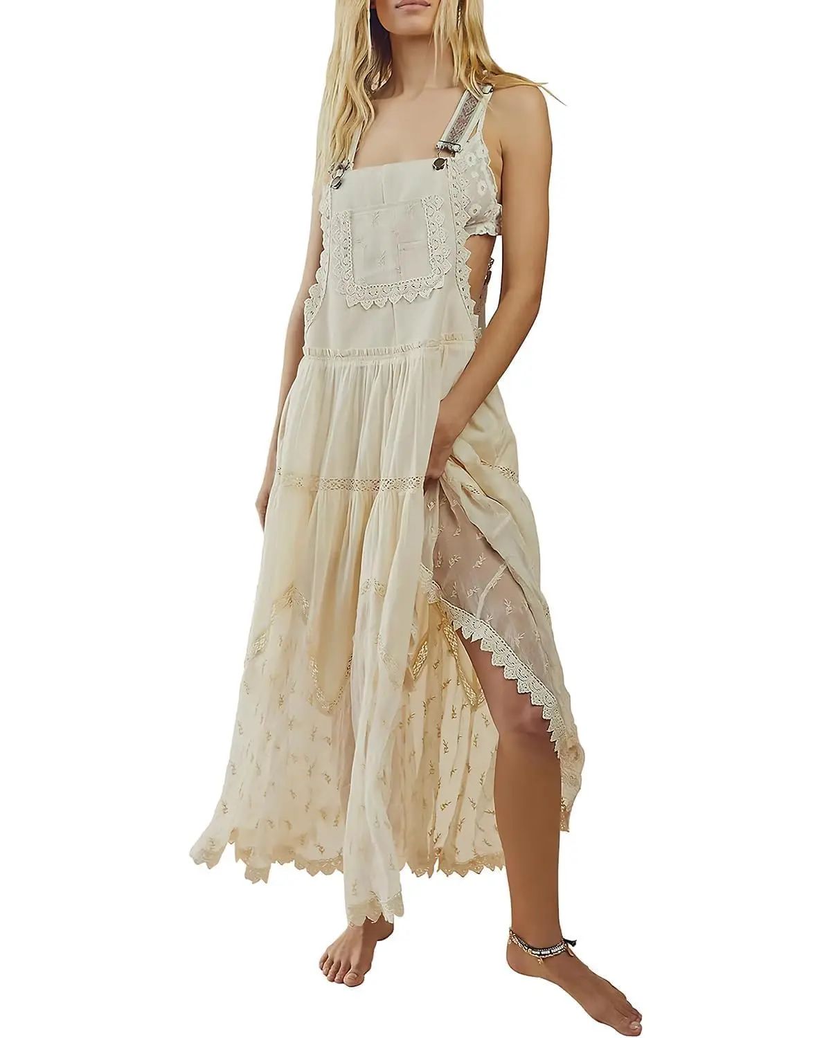 Ebossy Women's Basic Minimalist Sleeveless Laced Embroidered Tulle Bib Dress Casual Loose Adjustable Straps Maxi Dress Womenswear Boho Style(Buy 2 Free Shipping )