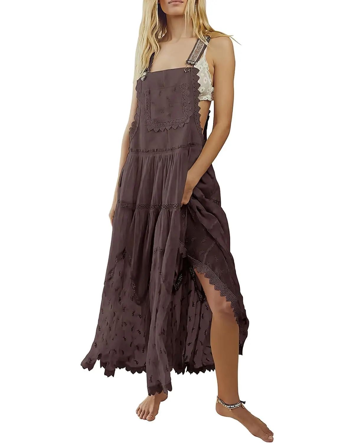 Ebossy Women's Basic Minimalist Sleeveless Laced Embroidered Tulle Bib Dress Casual Loose Adjustable Straps Maxi Dress Womenswear Boho Style(Buy 2 Free Shipping )