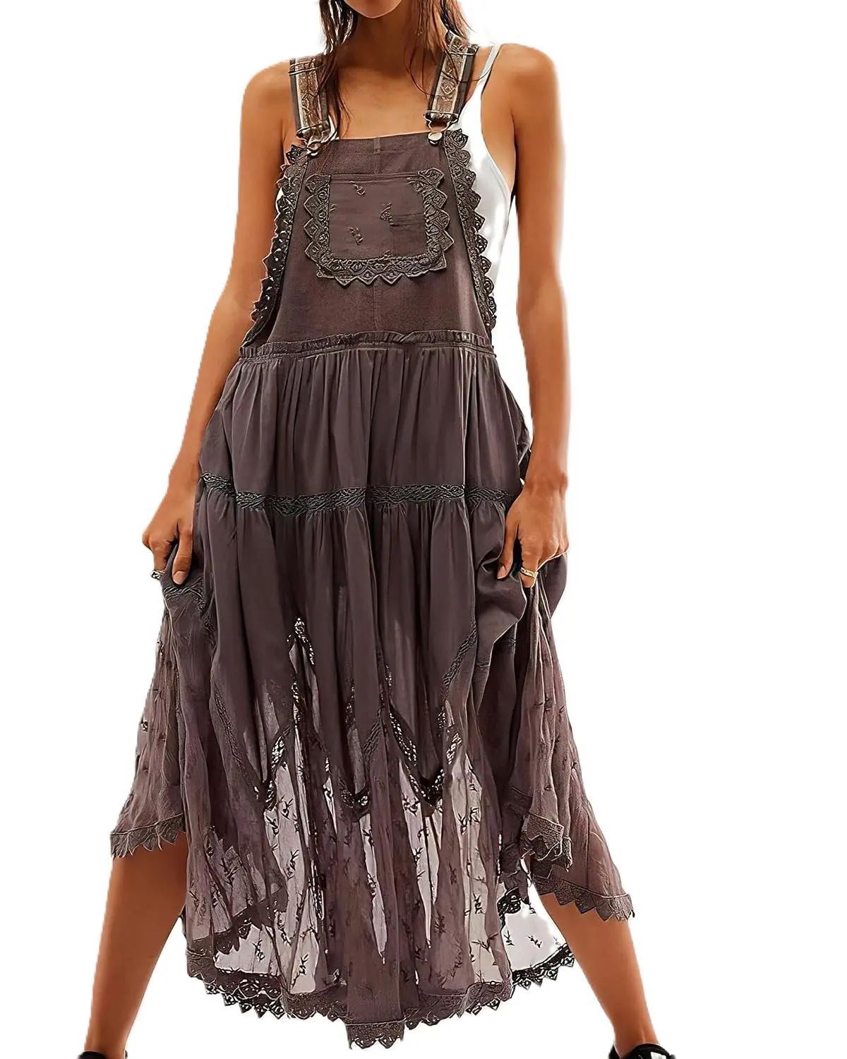 Ebossy Women's Basic Minimalist Sleeveless Laced Embroidered Tulle Bib Dress Casual Loose Adjustable Straps Maxi Dress Womenswear Boho Style(Buy 2 Free Shipping )