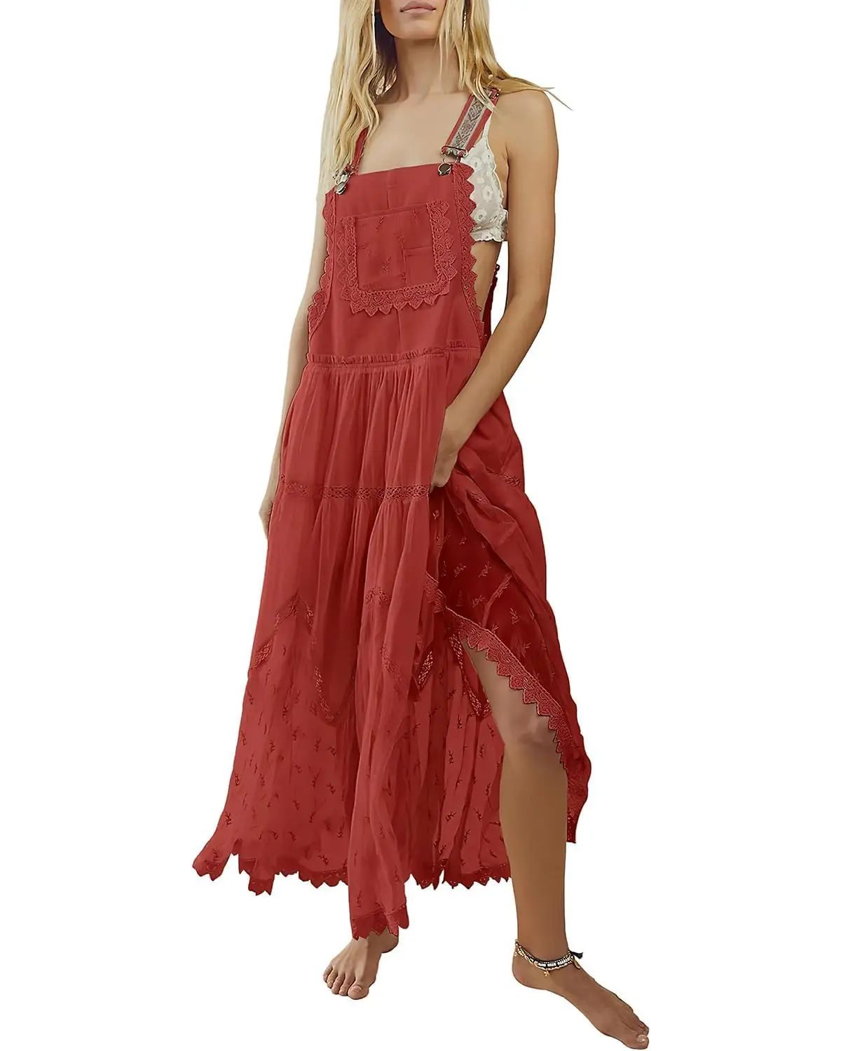 Ebossy Women's Basic Minimalist Sleeveless Laced Embroidered Tulle Bib Dress Casual Loose Adjustable Straps Maxi Dress Womenswear Boho Style(Buy 2 Free Shipping )