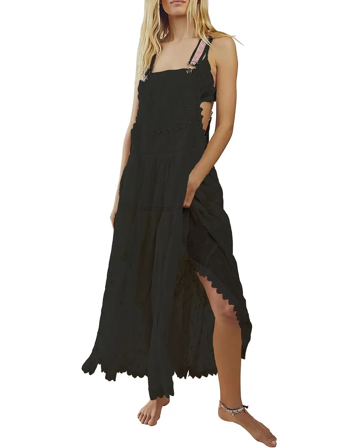 Ebossy Women's Basic Minimalist Sleeveless Laced Embroidered Tulle Bib Dress Casual Loose Adjustable Straps Maxi Dress Womenswear Boho Style(Buy 2 Free Shipping )
