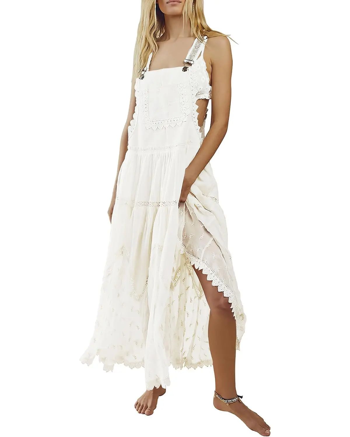 Ebossy Women's Basic Minimalist Sleeveless Laced Embroidered Tulle Bib Dress Casual Loose Adjustable Straps Maxi Dress Womenswear Boho Style(Buy 2 Free Shipping )