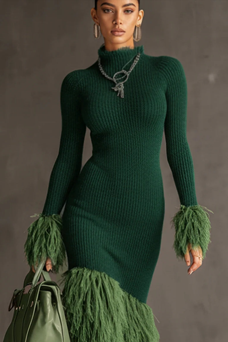 Knit & Eco-Faux Fur Long-Sleeve Fitted Dress