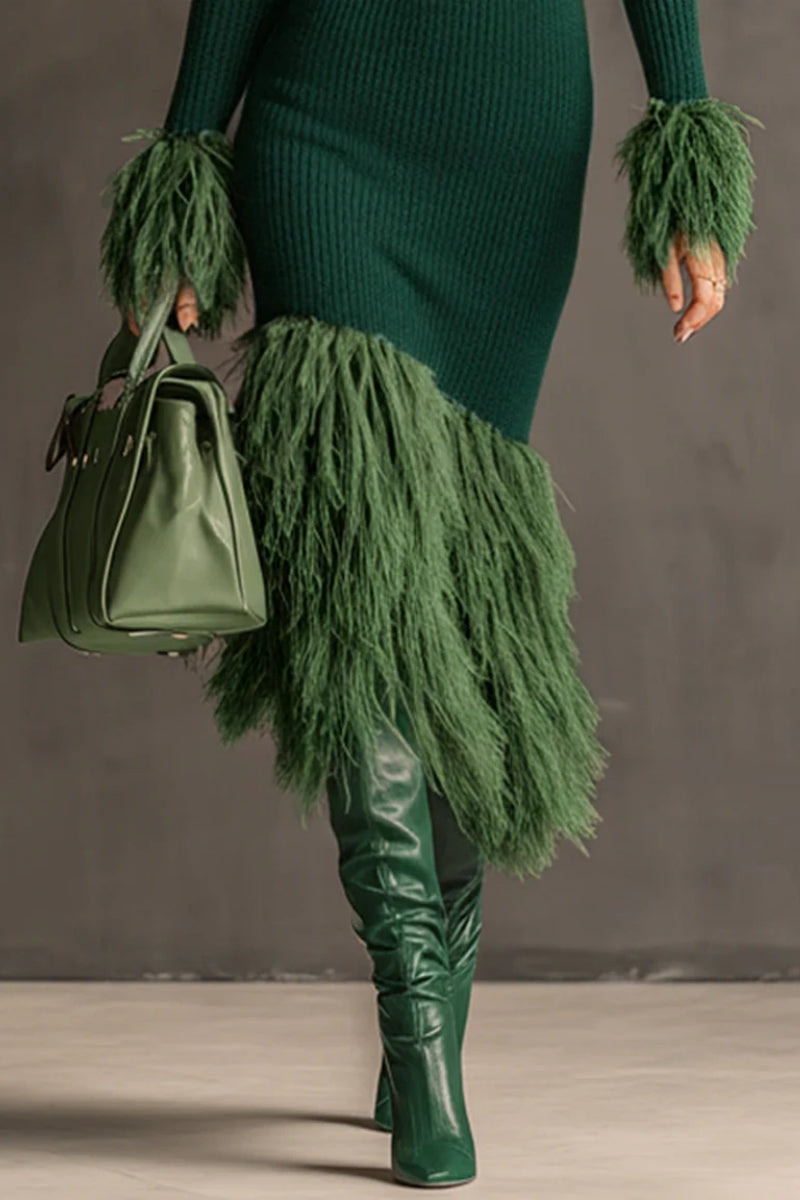 Knit & Eco-Faux Fur Long-Sleeve Fitted Dress