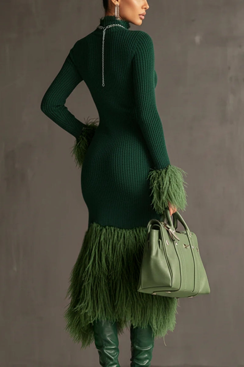 Knit & Eco-Faux Fur Long-Sleeve Fitted Dress