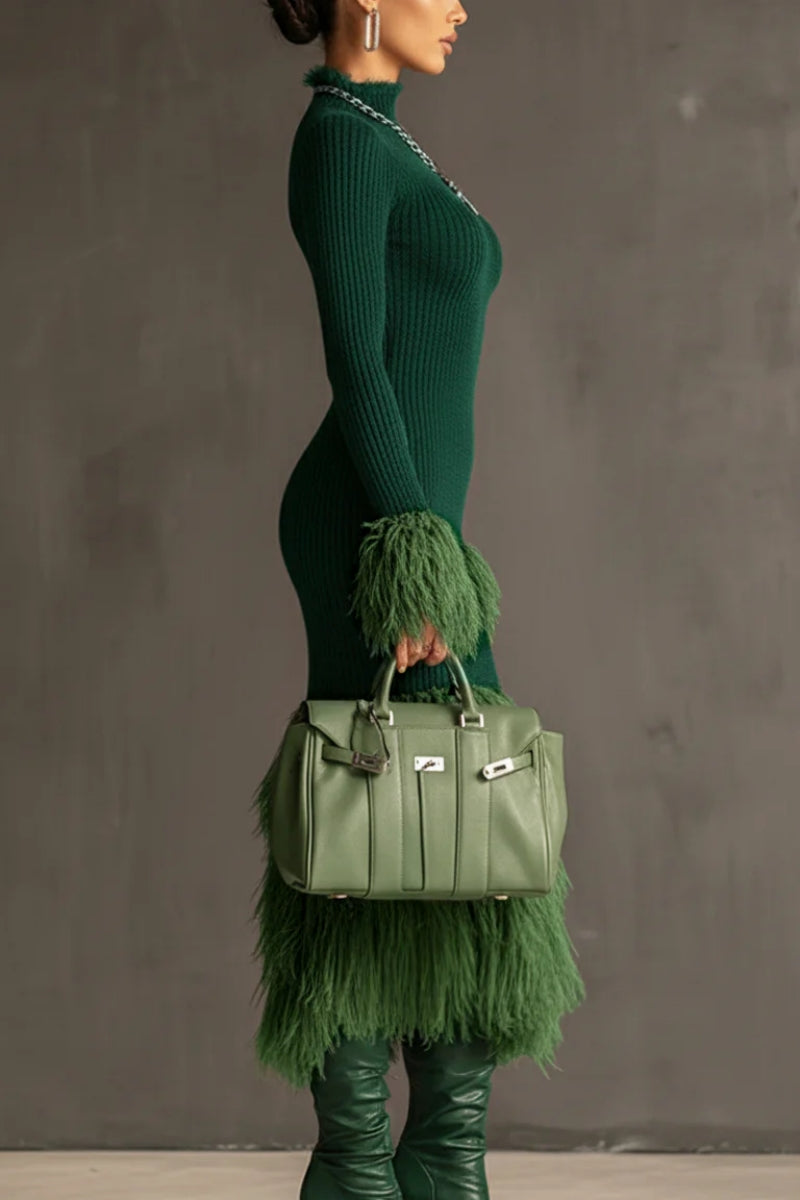 Knit & Eco-Faux Fur Long-Sleeve Fitted Dress