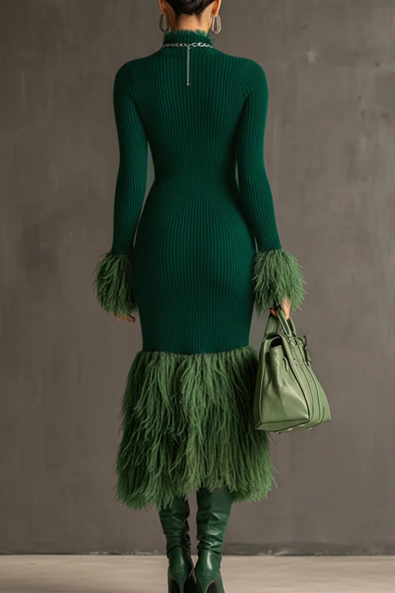 Knit & Eco-Faux Fur Long-Sleeve Fitted Dress
