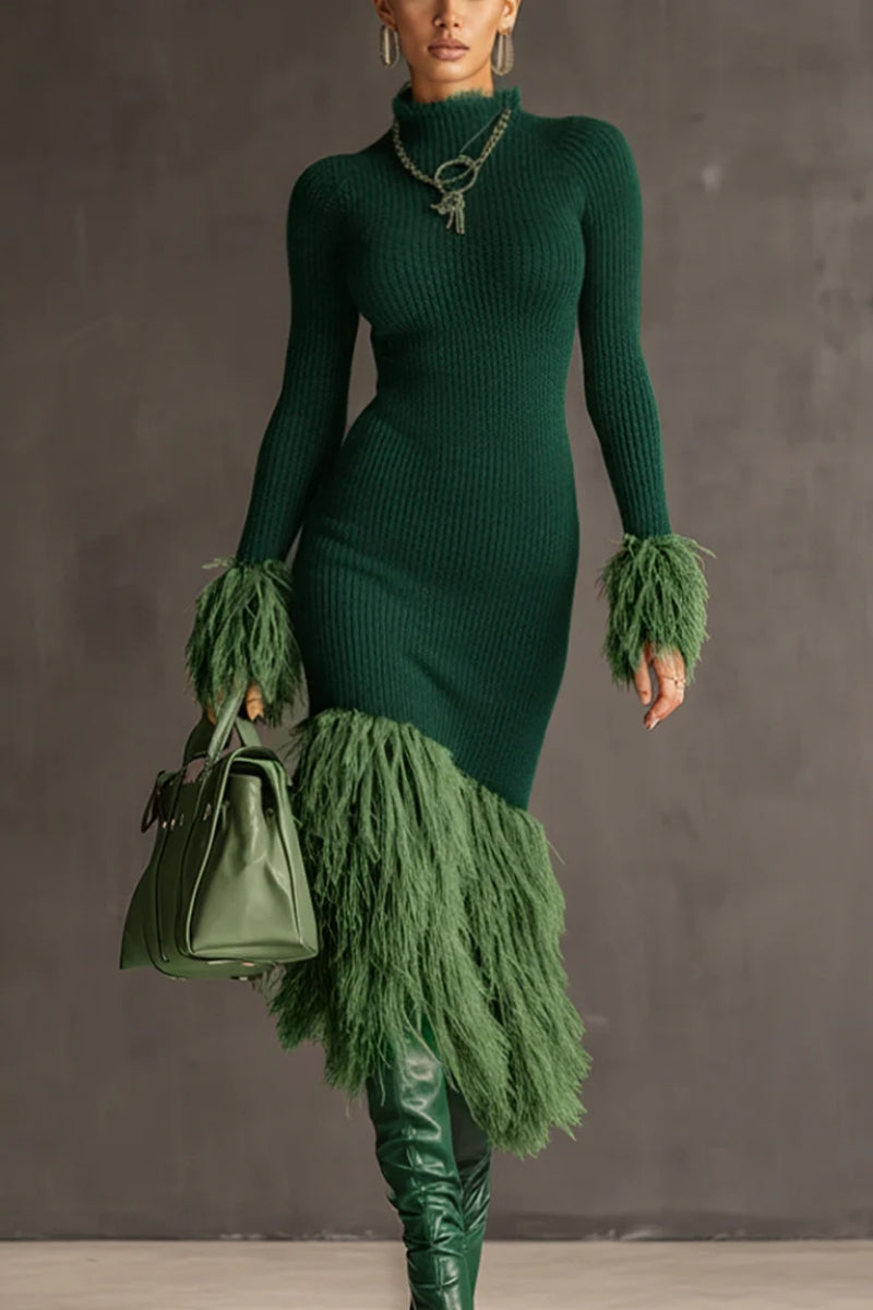 Knit & Eco-Faux Fur Long-Sleeve Fitted Dress