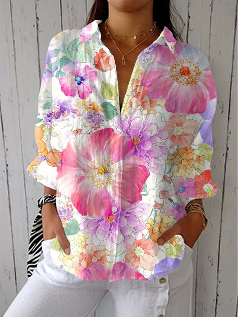 Women's Vintage Abstract Floral Art Print Linen V-Neck Shirt（Buy 2 Free Shipping)