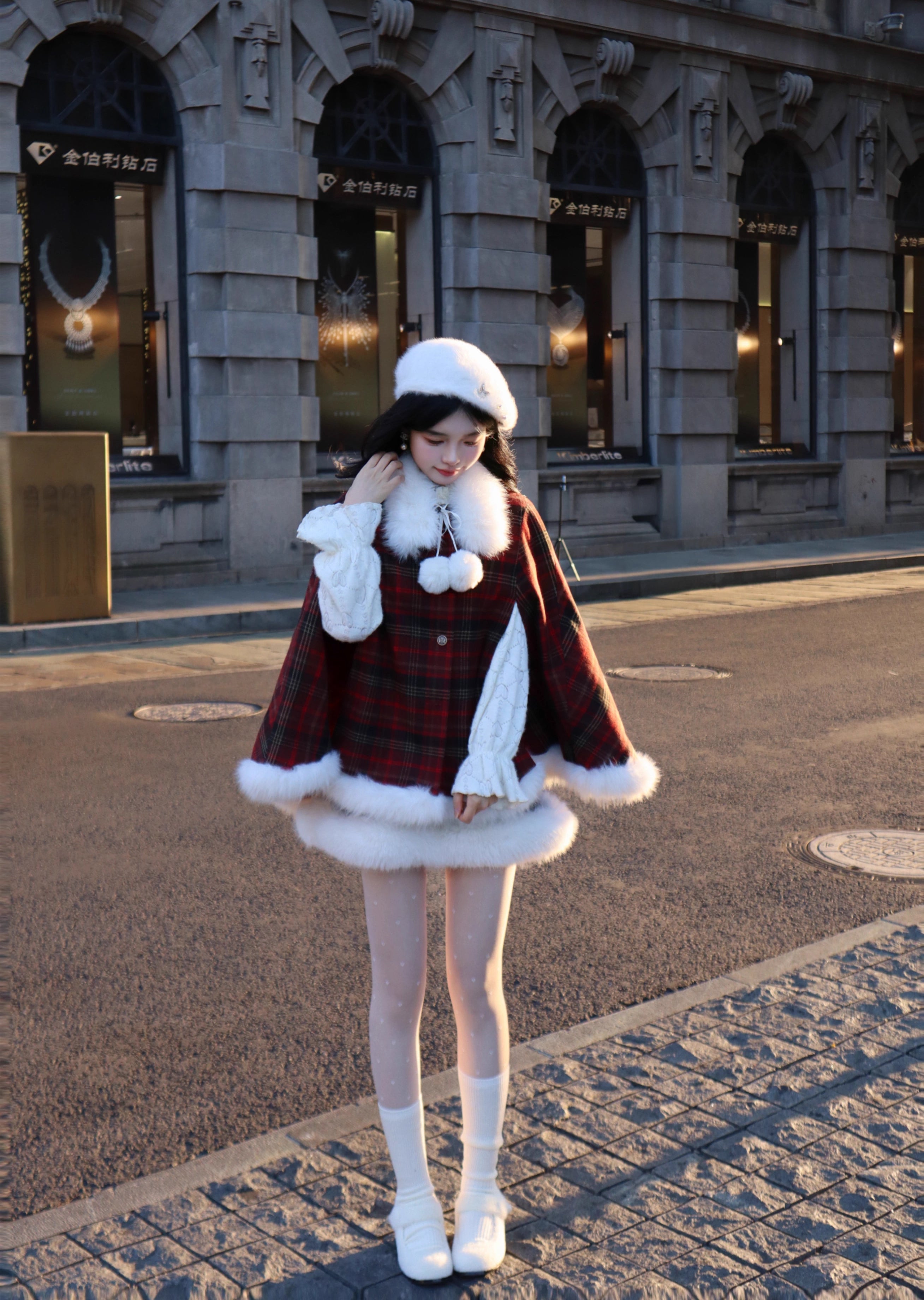 Merry Plaid Mini Dress & Capelet Set (Red)