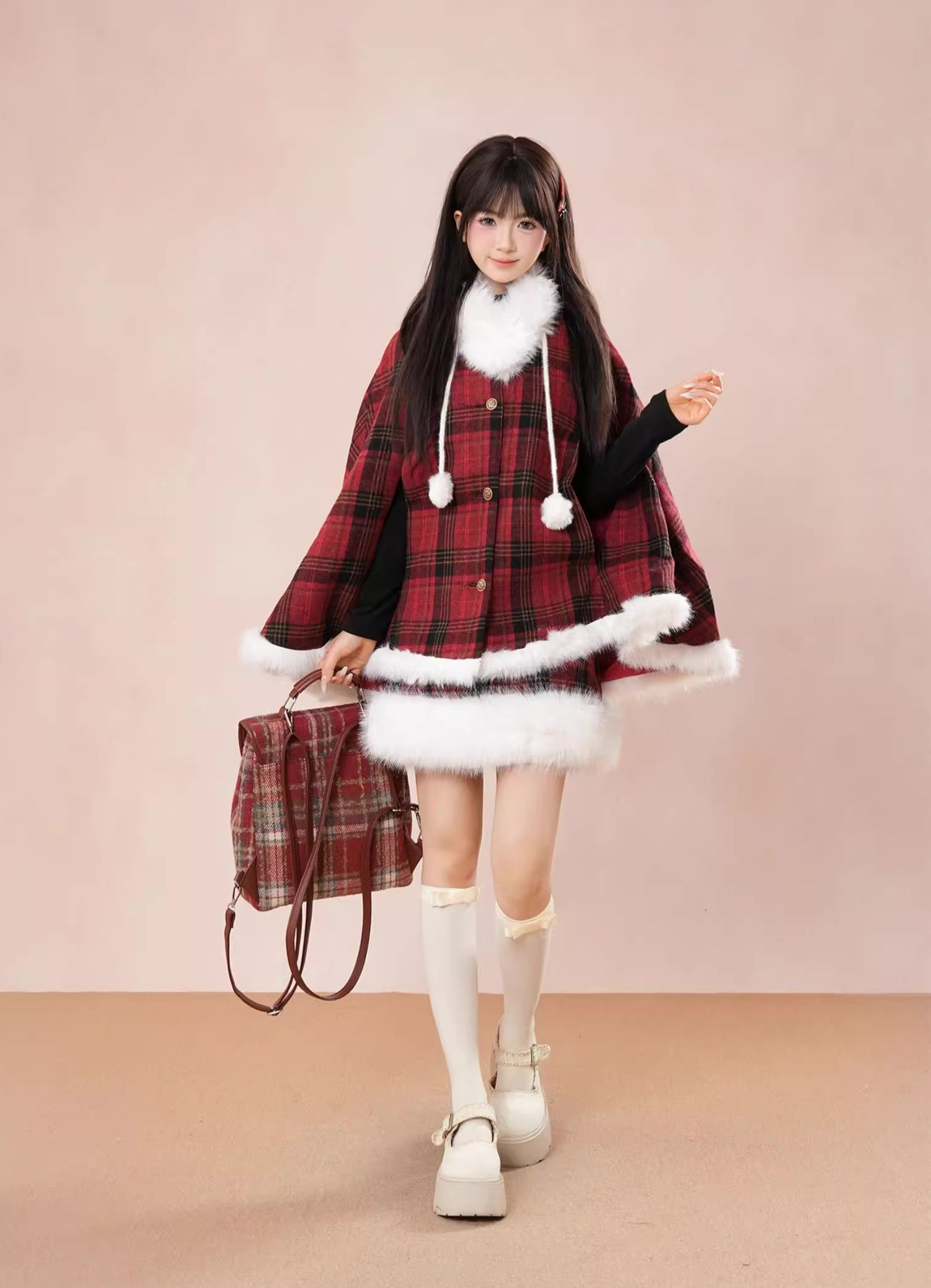 Merry Plaid Mini Dress & Capelet Set (Red)