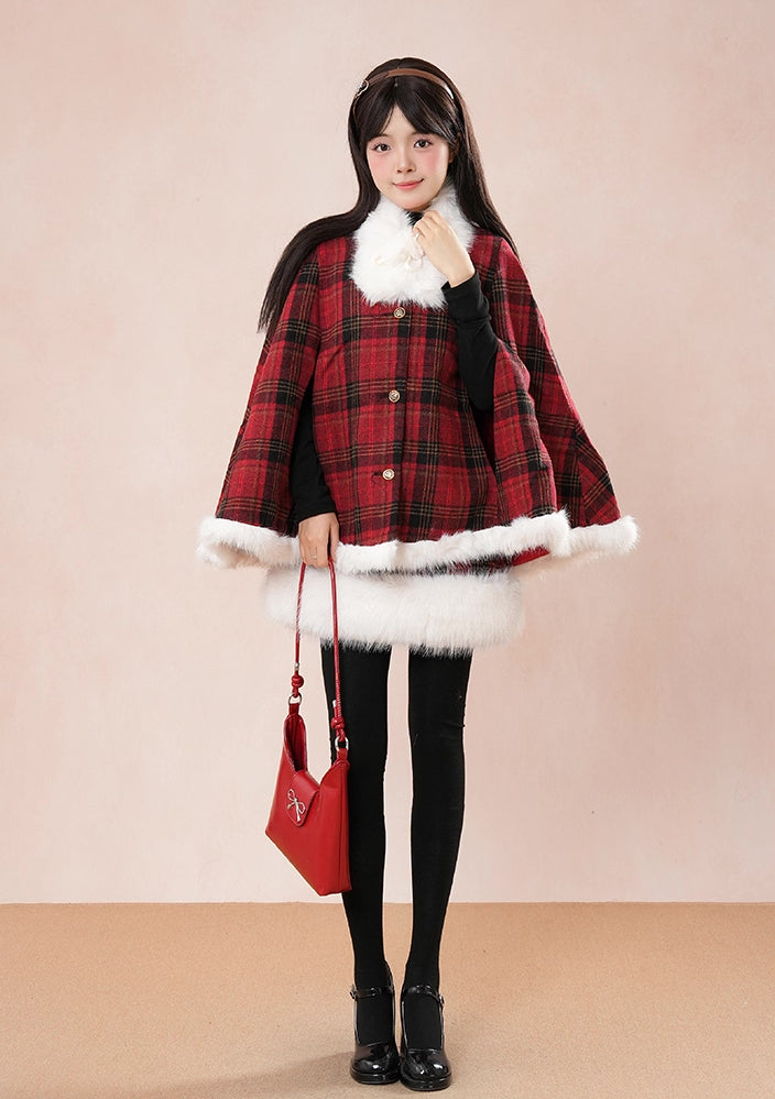 Merry Plaid Mini Dress & Capelet Set (Red)