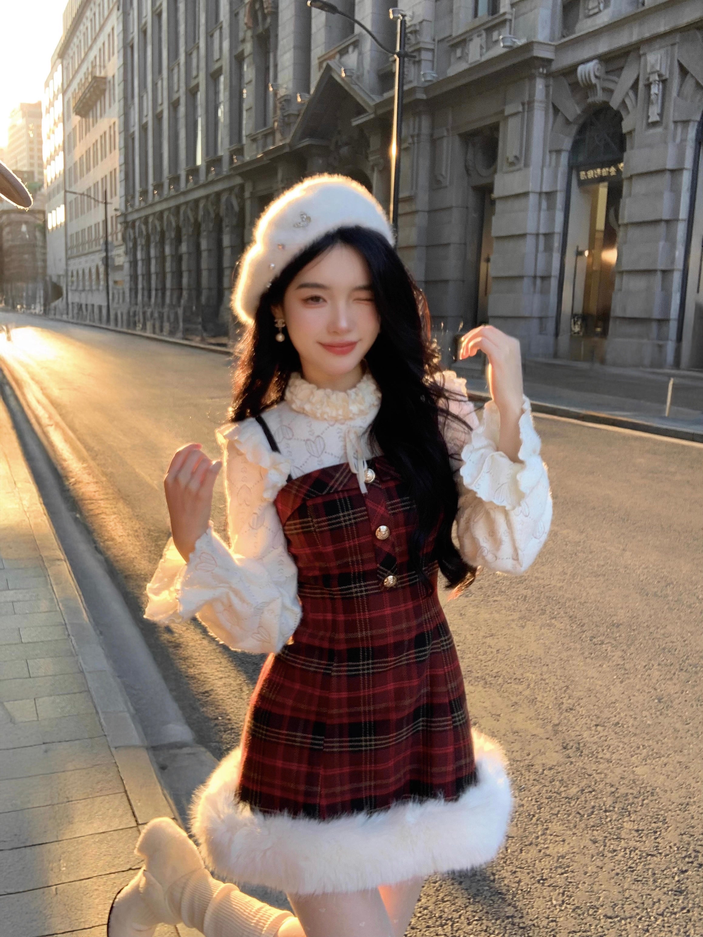 Merry Plaid Mini Dress & Capelet Set (Red)