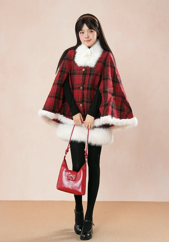 Merry Plaid Mini Dress & Capelet Set (Red)