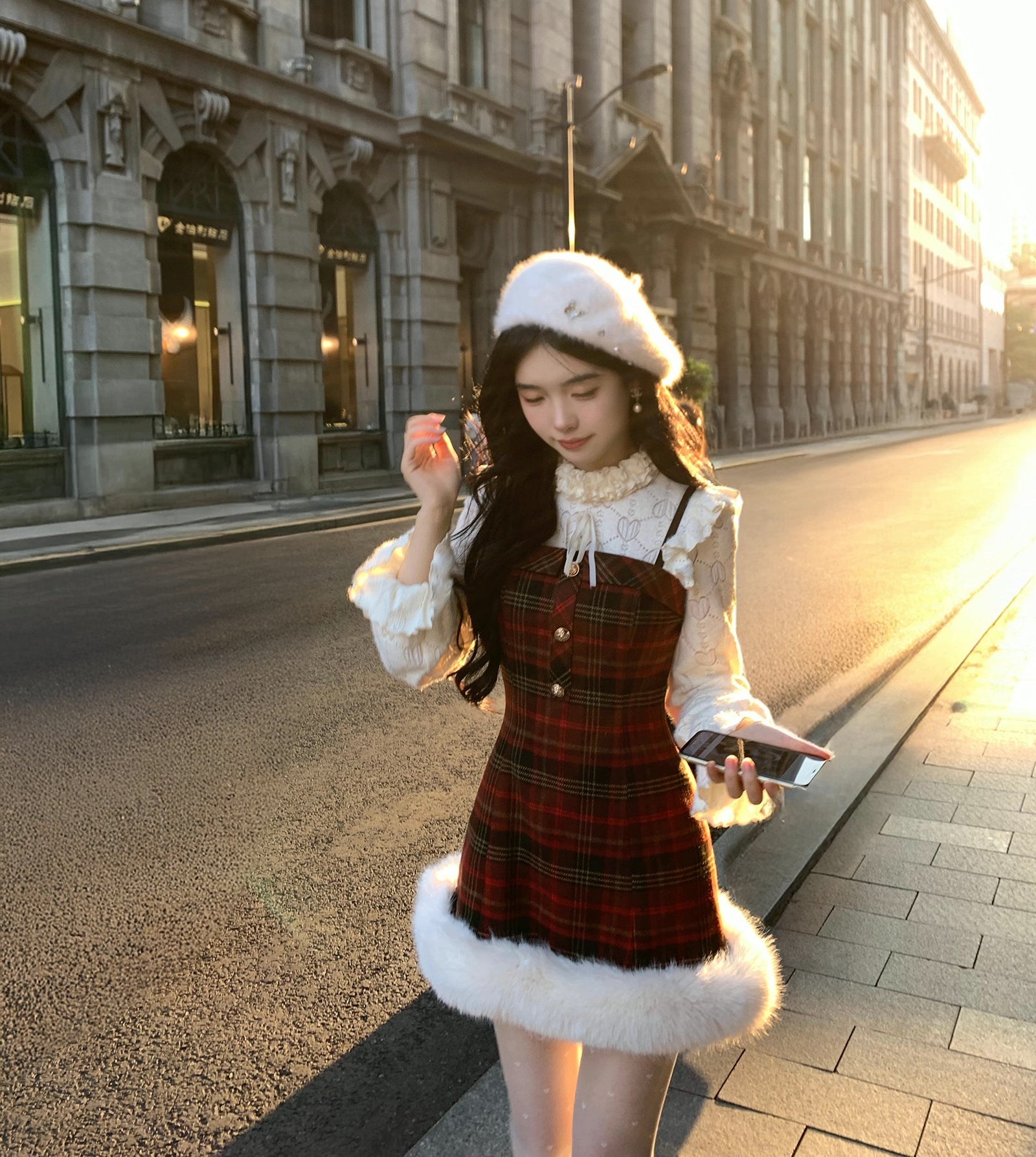 Merry Plaid Mini Dress & Capelet Set (Red)