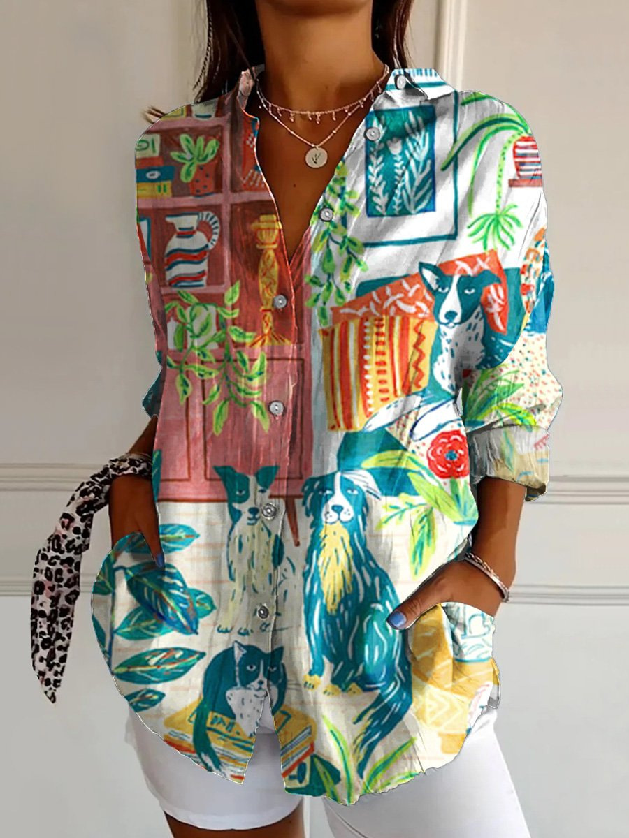 Women's Vintage Abstract Floral Art Print Linen V-Neck Shirt（Buy 2 Free Shipping)