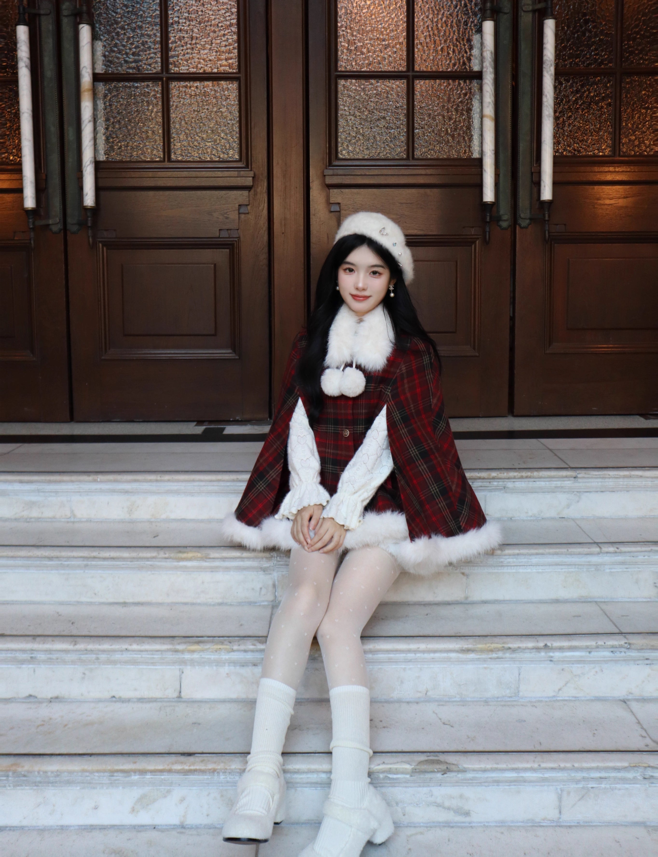 Merry Plaid Mini Dress & Capelet Set (Red)