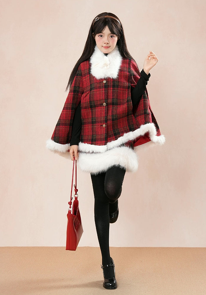 Merry Plaid Mini Dress & Capelet Set (Red)