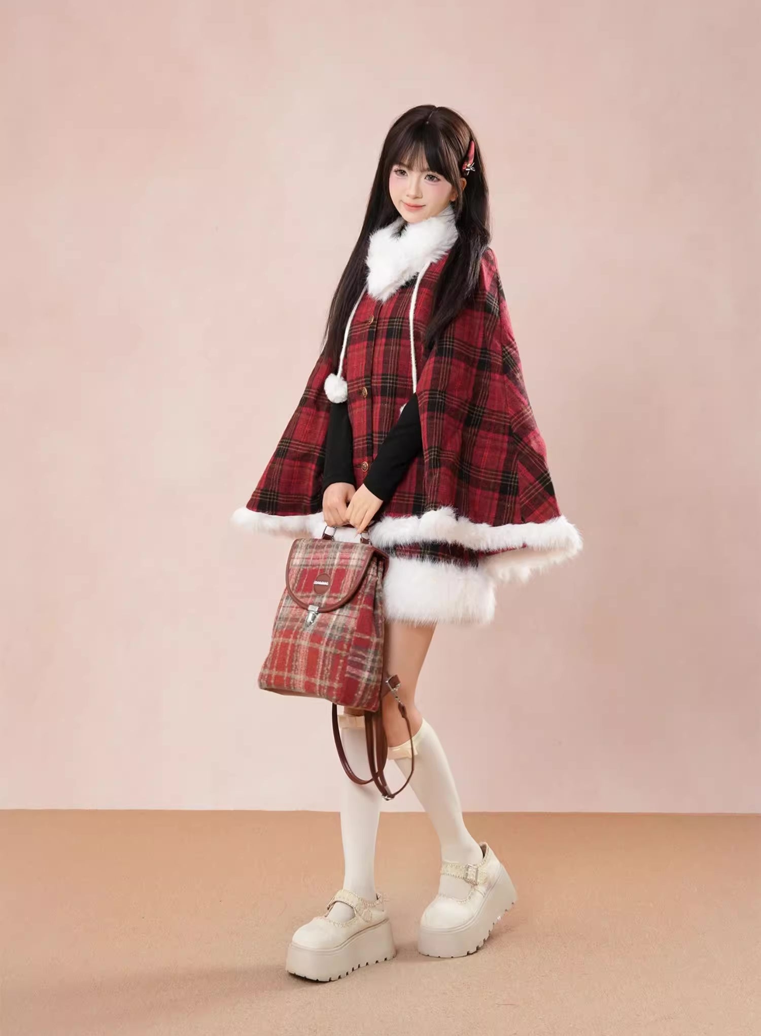 Merry Plaid Mini Dress & Capelet Set (Red)