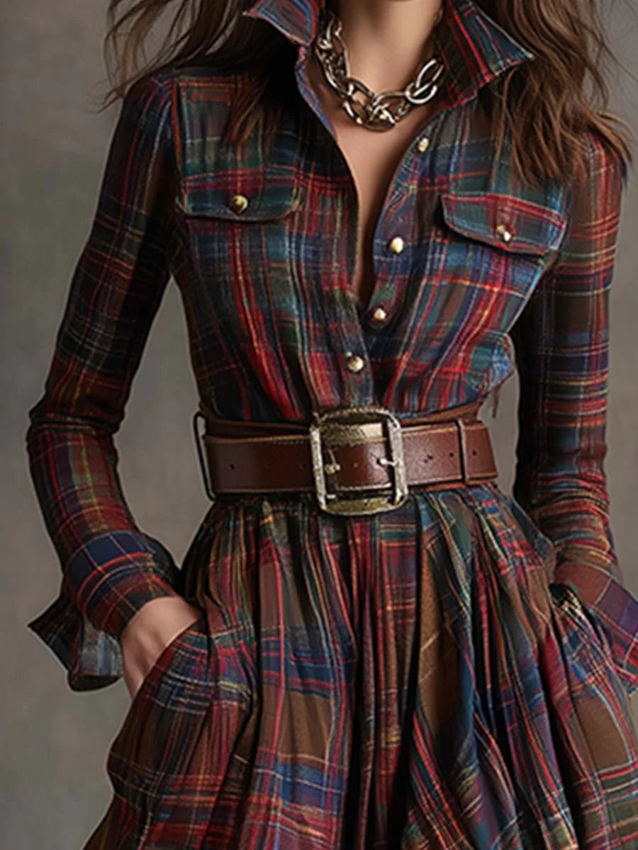 Retro lapel reddish brown plaid maxi dress(Buy 2 Free Shipping)