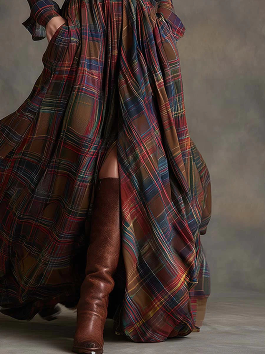 Retro lapel reddish brown plaid maxi dress(Buy 2 Free Shipping)