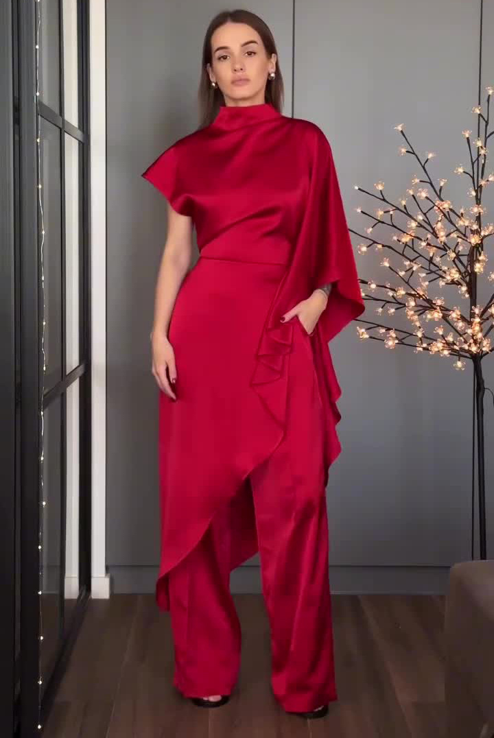Slim-fit, off-shoulder satin top and pants two-piece set(Buy 2 free Shipping)