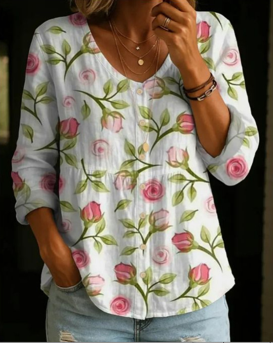 Women's Floral Pattern Art Print Casual Cotton Shirt