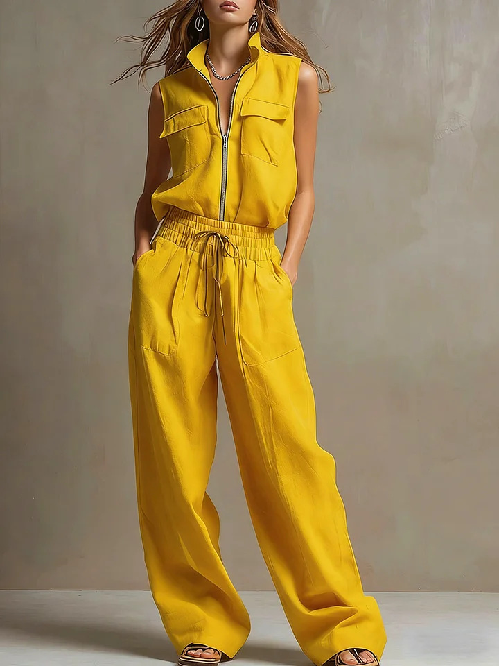 Casual Retro Green Cotton Linen Sleeveless Zip-up Shirt And Wide-leg Pants Set