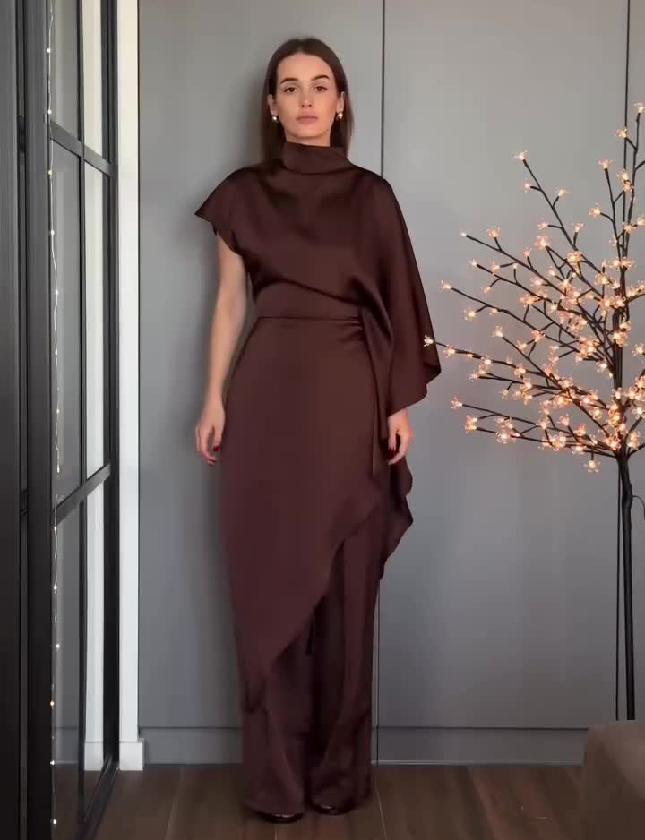 Slim-fit, off-shoulder satin top and pants two-piece set(Buy 2 free Shipping)