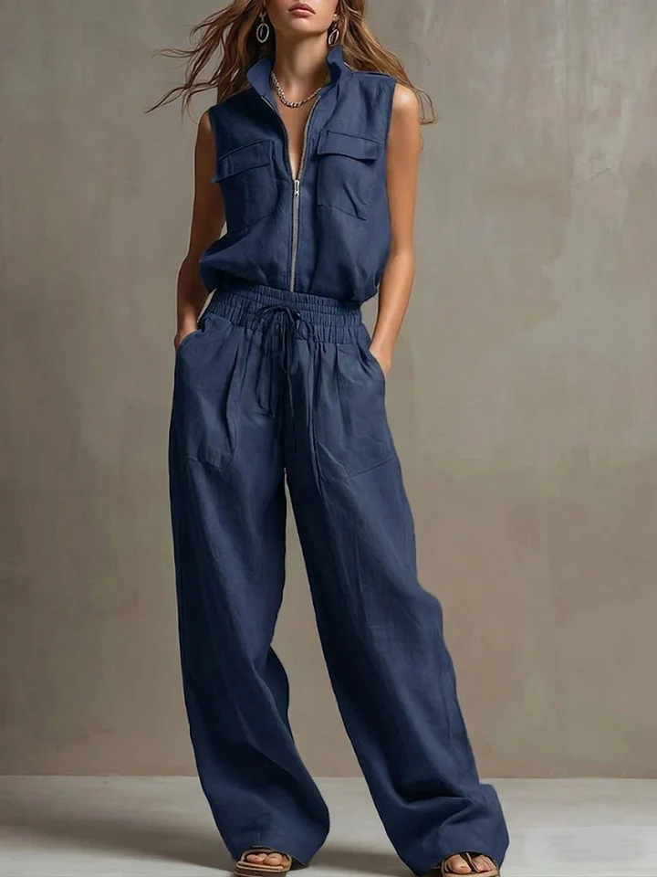 Casual Retro Green Cotton Linen Sleeveless Zip-up Shirt And Wide-leg Pants Set